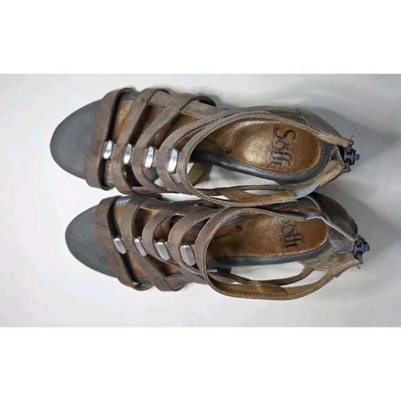 Women Sofft Wedge Gladiator Sandals Taupe & Gray/Blue Leather Slip Resist Sz 8 - Picture 3 of 11